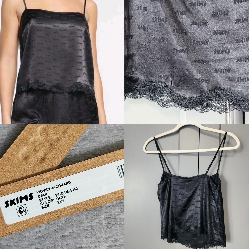New SKIMS Woven Jacquard Cami Onyx Logo Lace Trim Camisole XXS Black NWT Rare